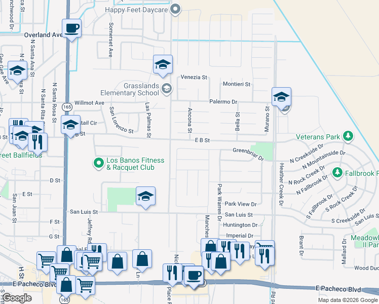 map of restaurants, bars, coffee shops, grocery stores, and more near 2065 Coliseum Court in Los Banos