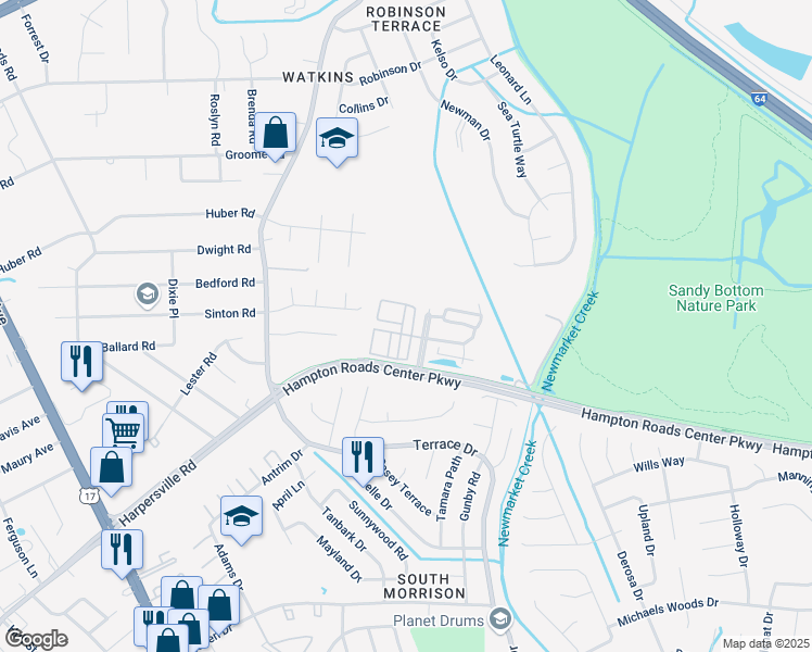 map of restaurants, bars, coffee shops, grocery stores, and more near 109 Zenith Loop in Newport News