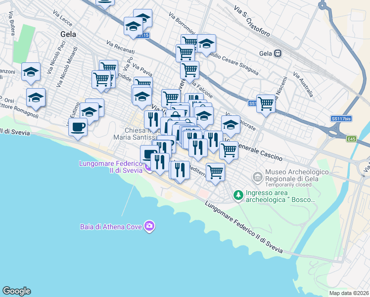 map of restaurants, bars, coffee shops, grocery stores, and more near 17 Via Matrice in Gela