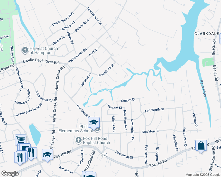 map of restaurants, bars, coffee shops, grocery stores, and more near 36 Sandpiper Court in Hampton