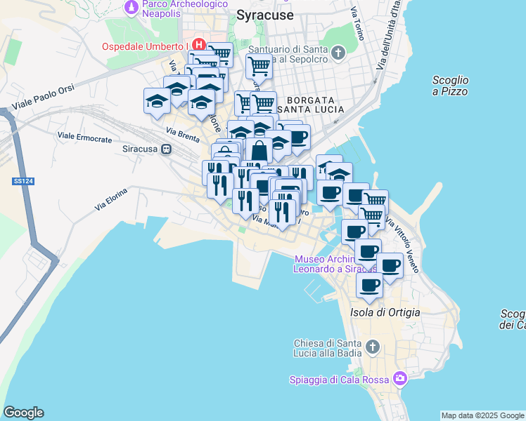 map of restaurants, bars, coffee shops, grocery stores, and more near 20 Via Perasso in Siracusa