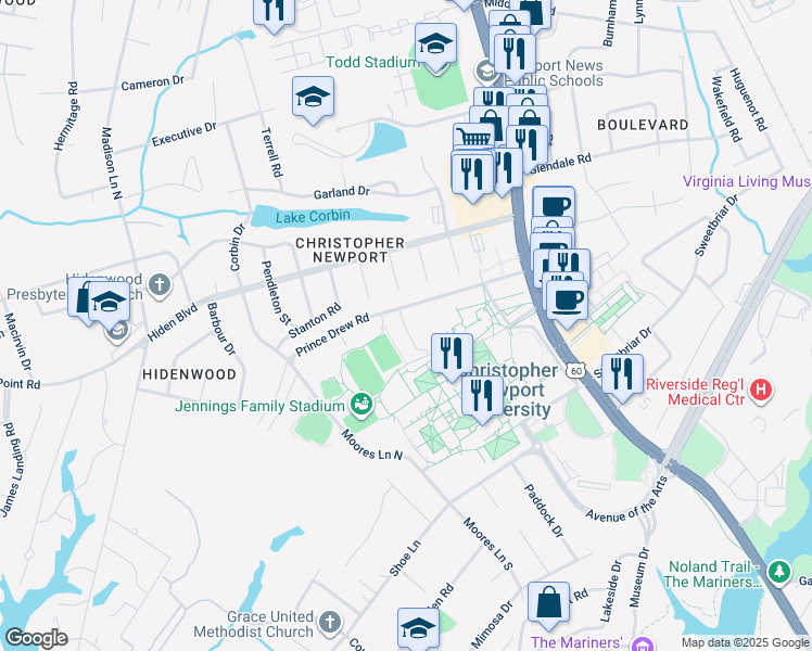 map of restaurants, bars, coffee shops, grocery stores, and more near Merritt Road in Newport News