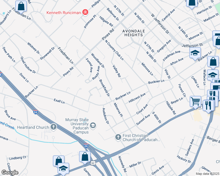 map of restaurants, bars, coffee shops, grocery stores, and more near 400-598 Woodland Drive in Paducah