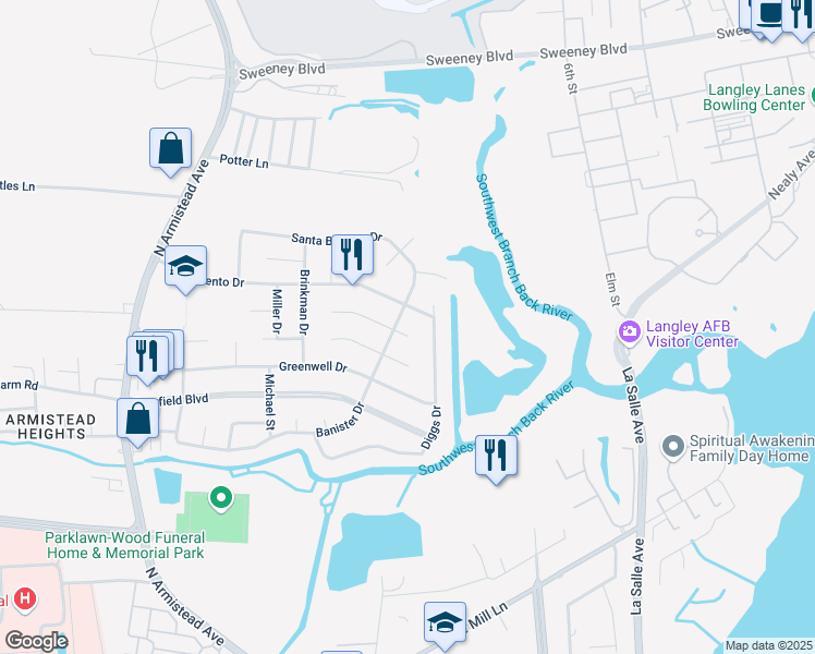 map of restaurants, bars, coffee shops, grocery stores, and more near 124 Sacramento Drive in Hampton