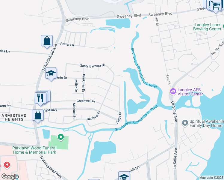 map of restaurants, bars, coffee shops, grocery stores, and more near 124 Sacramento Drive in Hampton