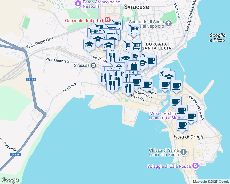 map of restaurants, bars, coffee shops, grocery stores, and more near 10 Piazza Guglielmo Marconi in Siracusa
