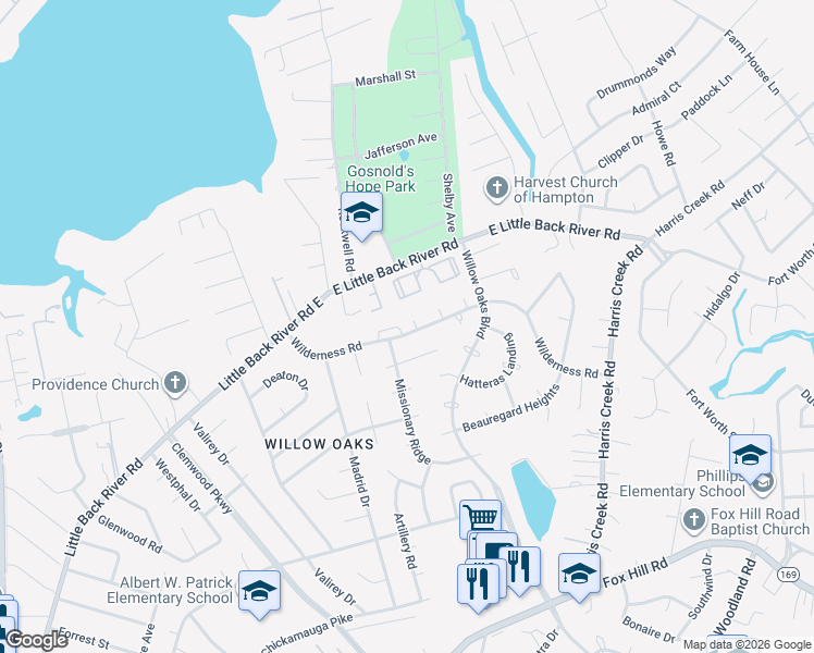 map of restaurants, bars, coffee shops, grocery stores, and more near 661 Willow Oaks Boulevard in Hampton