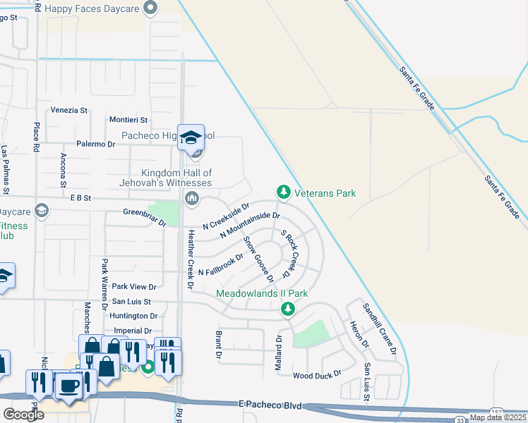 map of restaurants, bars, coffee shops, grocery stores, and more near 2476 North Mountainside Drive in Los Banos