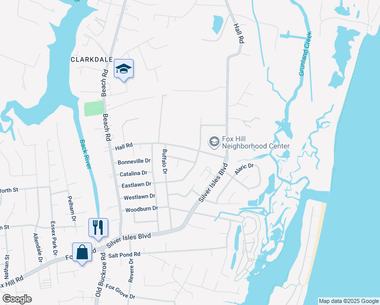 map of restaurants, bars, coffee shops, grocery stores, and more near 54 Hall Road in Hampton