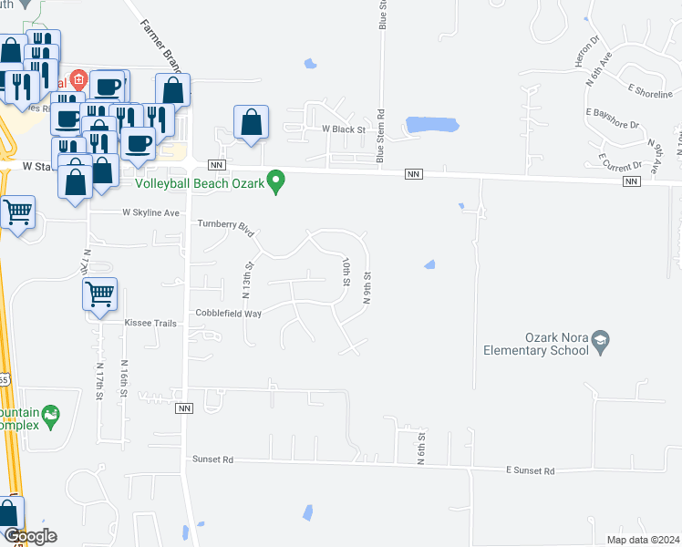 map of restaurants, bars, coffee shops, grocery stores, and more near 5007 North 10th Street in Ozark
