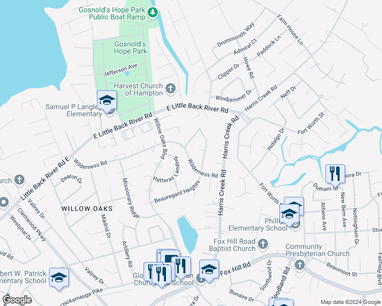 map of restaurants, bars, coffee shops, grocery stores, and more near 114 Wilderness Road in Hampton