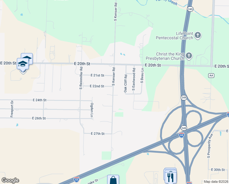 map of restaurants, bars, coffee shops, grocery stores, and more near 2257 South Kenser Road in Joplin