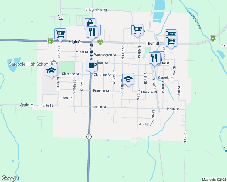 map of restaurants, bars, coffee shops, grocery stores, and more near 205 South 12th Street in Sarcoxie