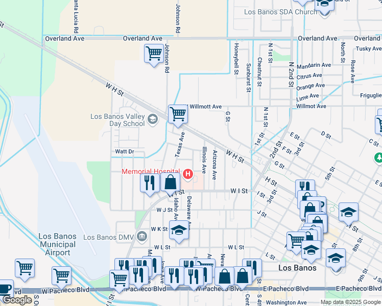 map of restaurants, bars, coffee shops, grocery stores, and more near 528 Madrone Street in Los Banos