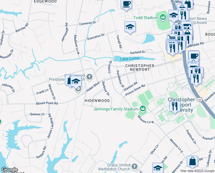 map of restaurants, bars, coffee shops, grocery stores, and more near 1 Barbour Drive in Newport News