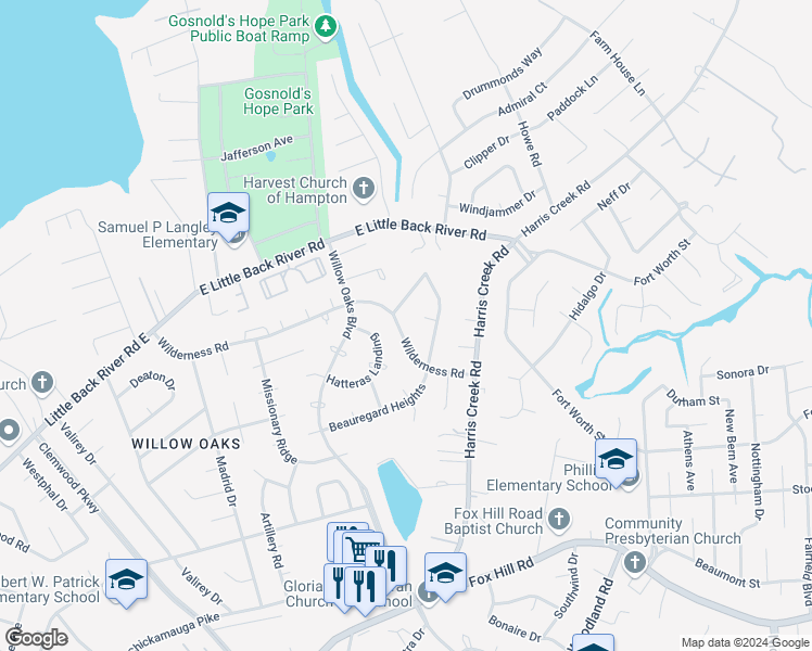 map of restaurants, bars, coffee shops, grocery stores, and more near 114 Wilderness Road in Hampton