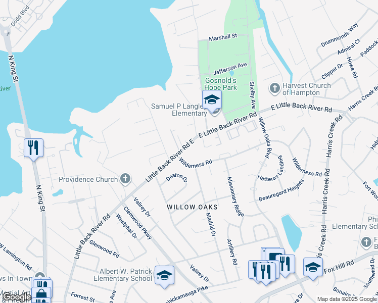 map of restaurants, bars, coffee shops, grocery stores, and more near 816 East Little Back River Road in Hampton