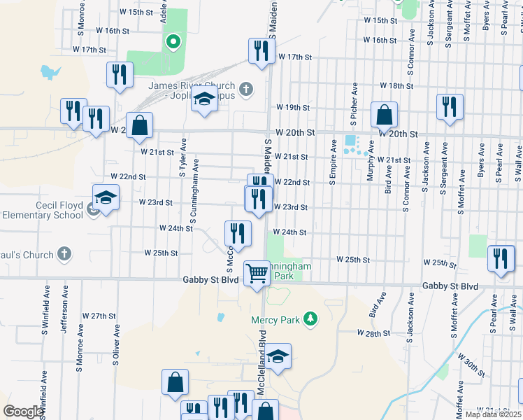 map of restaurants, bars, coffee shops, grocery stores, and more near 2300 South Maiden Lane in Joplin