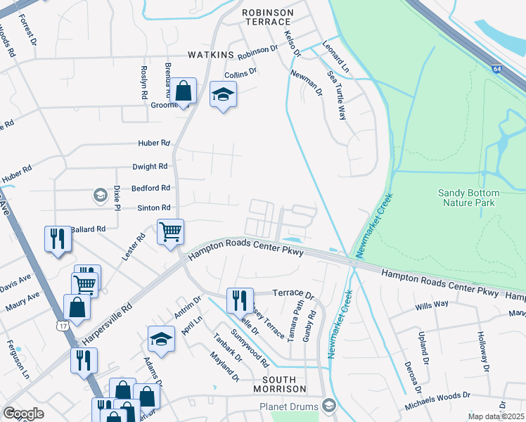 map of restaurants, bars, coffee shops, grocery stores, and more near 174 Hemisphere Circle in Newport News