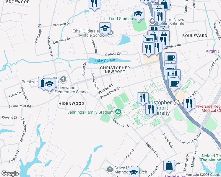 map of restaurants, bars, coffee shops, grocery stores, and more near 379 Stanton Road in Newport News