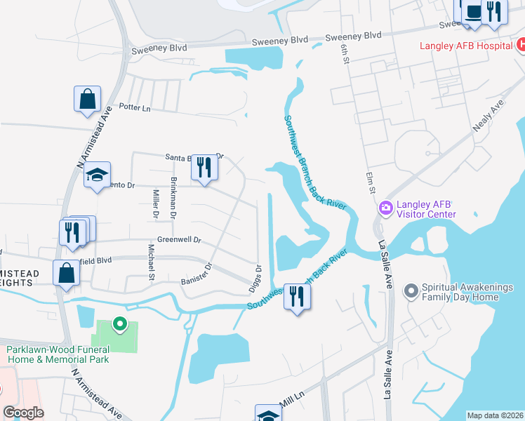 map of restaurants, bars, coffee shops, grocery stores, and more near 138 Diggs Drive in Hampton