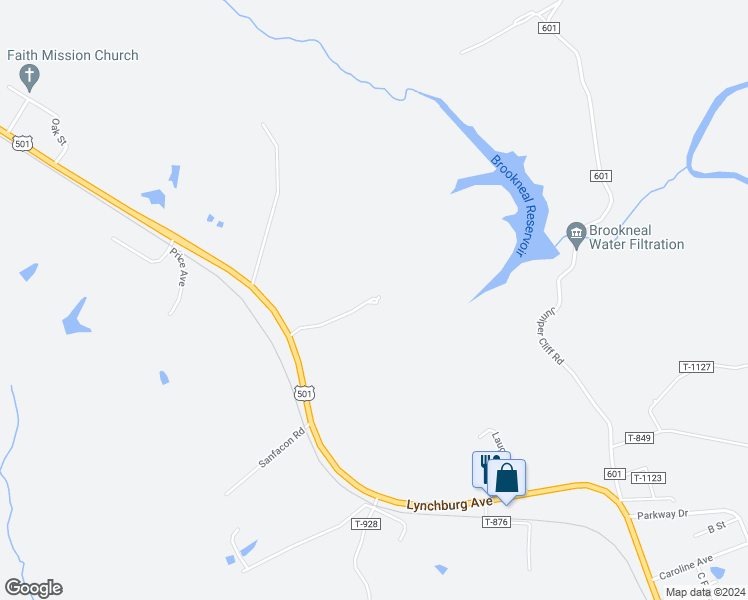 map of restaurants, bars, coffee shops, grocery stores, and more near 17778 Brookneal Highway in Brookneal
