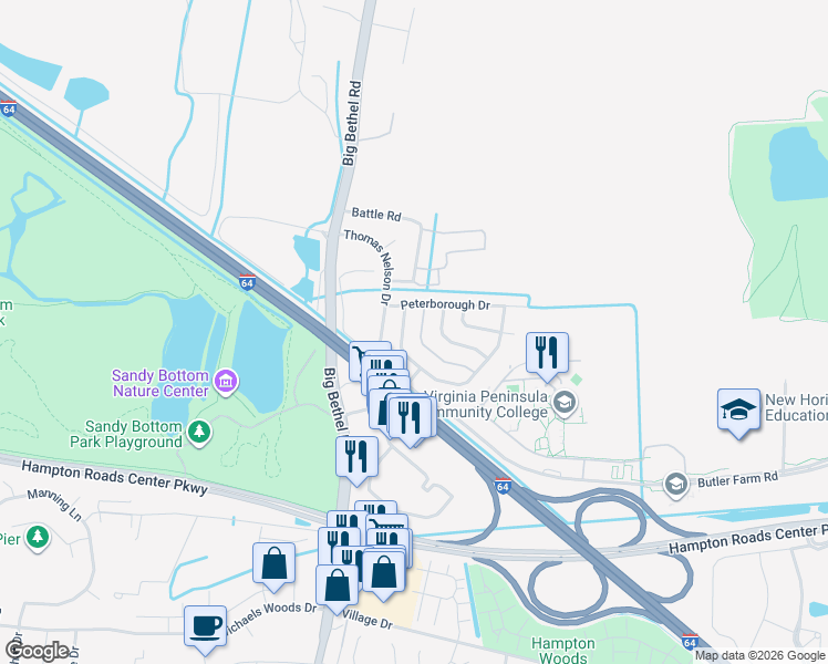 map of restaurants, bars, coffee shops, grocery stores, and more near 4 Rotherham Lane in Hampton