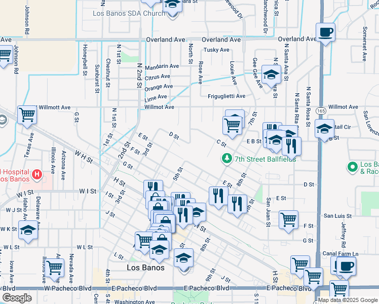 map of restaurants, bars, coffee shops, grocery stores, and more near 100 North Street in Los Banos