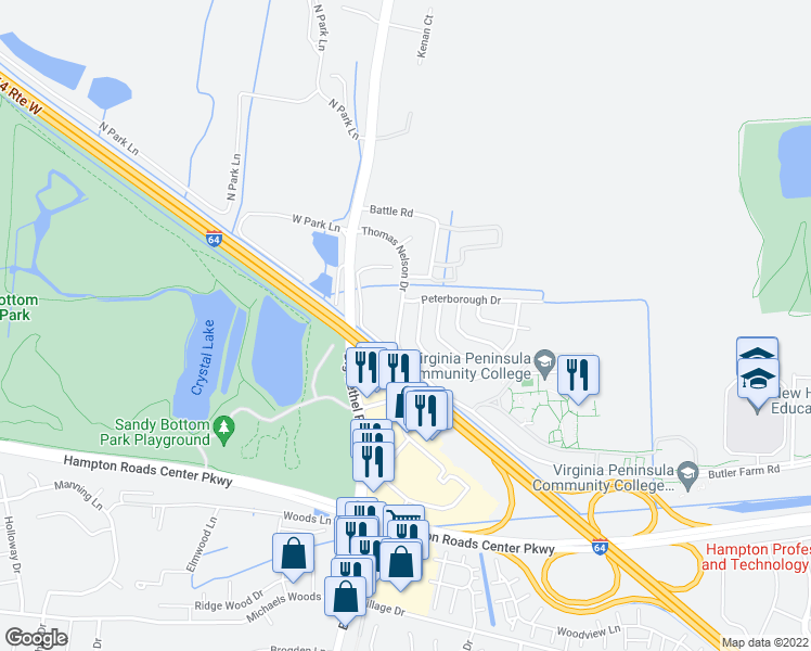map of restaurants, bars, coffee shops, grocery stores, and more near 25 Thomas Nelson Drive in Hampton