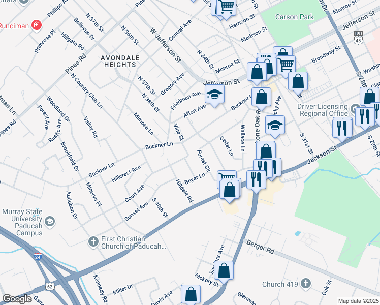 map of restaurants, bars, coffee shops, grocery stores, and more near 100 Ridgewood Avenue in Paducah