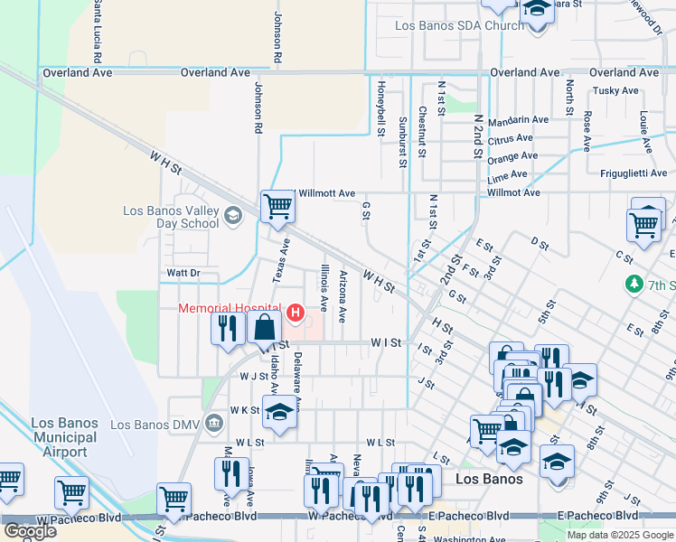 map of restaurants, bars, coffee shops, grocery stores, and more near 685 Arizona Avenue in Los Banos
