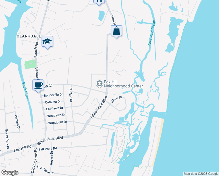 map of restaurants, bars, coffee shops, grocery stores, and more near 108 Hall Road in Hampton