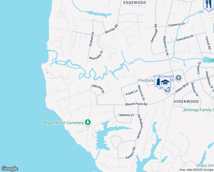 map of restaurants, bars, coffee shops, grocery stores, and more near 7 Rollingwood Place in Newport News