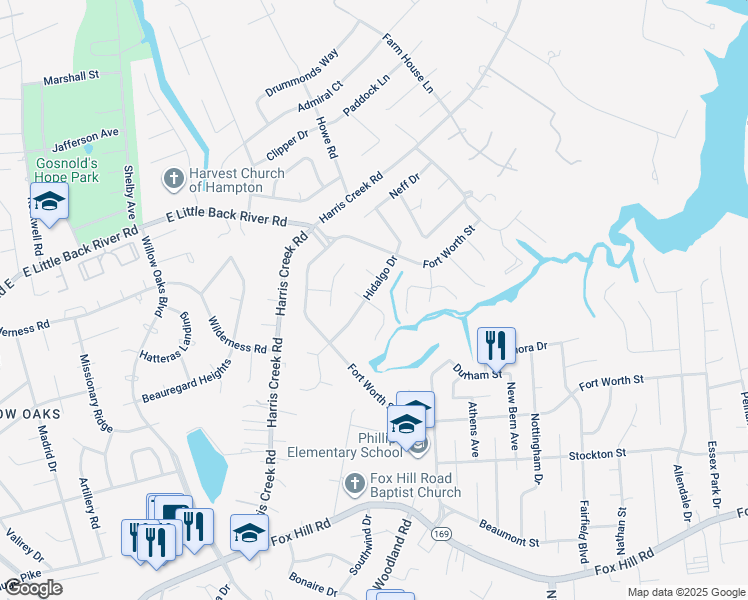 map of restaurants, bars, coffee shops, grocery stores, and more near 113 Hidalgo Drive in Hampton