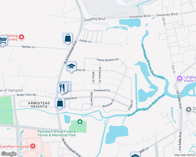 map of restaurants, bars, coffee shops, grocery stores, and more near 126 Miller Drive in Hampton