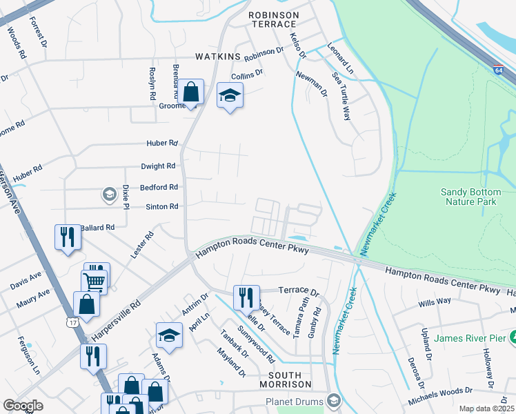 map of restaurants, bars, coffee shops, grocery stores, and more near 174 Hemisphere Circle in Newport News