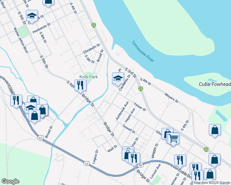 map of restaurants, bars, coffee shops, grocery stores, and more near 114-264 Farley Place in Paducah