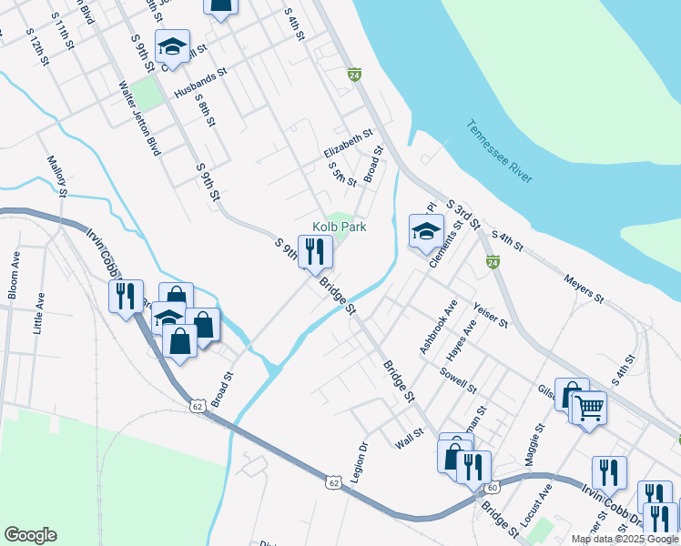 map of restaurants, bars, coffee shops, grocery stores, and more near 1900 Allen Street in Paducah