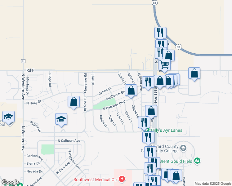 map of restaurants, bars, coffee shops, grocery stores, and more near 311 Sunflower Boulevard in Liberal