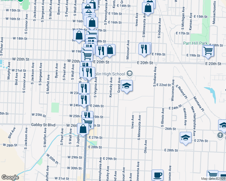 map of restaurants, bars, coffee shops, grocery stores, and more near 2219 South Kentucky Avenue in Joplin