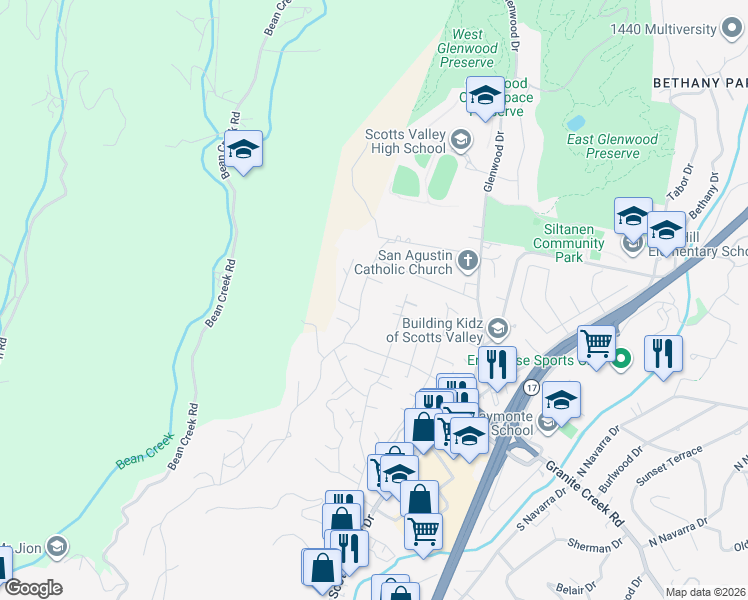map of restaurants, bars, coffee shops, grocery stores, and more near 12 Casa Way in Scotts Valley