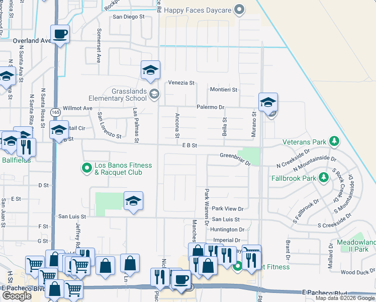 map of restaurants, bars, coffee shops, grocery stores, and more near 2066 Greenbriar Drive in Los Banos