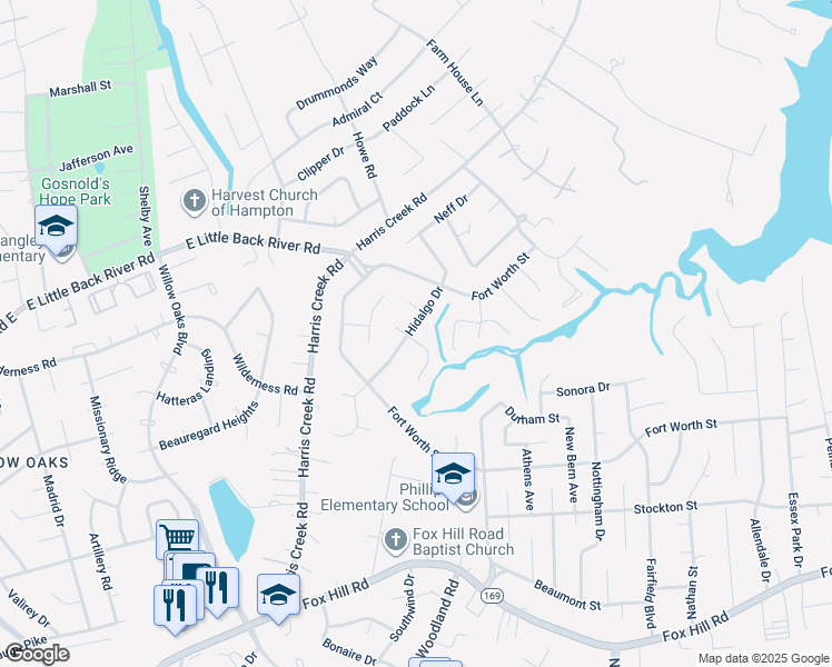 map of restaurants, bars, coffee shops, grocery stores, and more near 113 Hidalgo Drive in Hampton