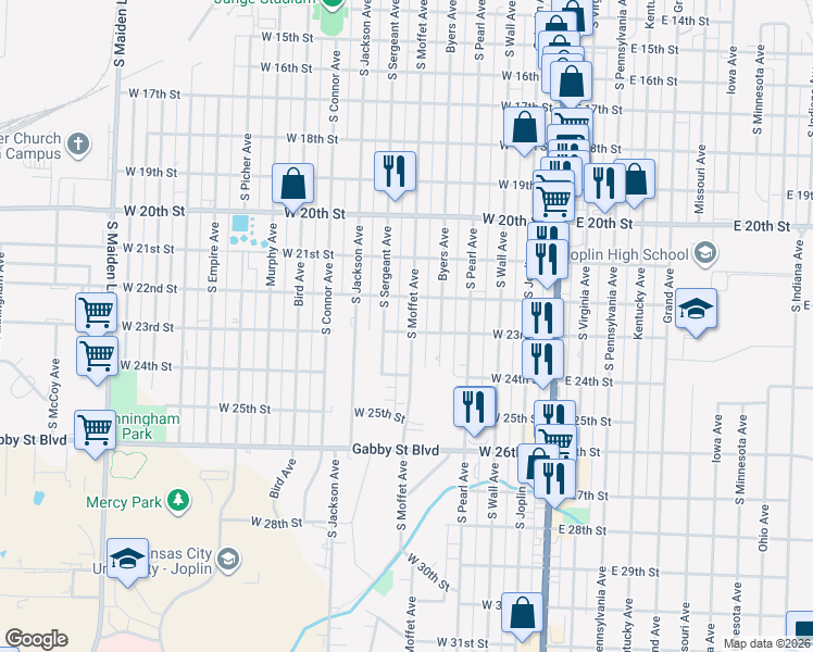 map of restaurants, bars, coffee shops, grocery stores, and more near 2217 South Moffet Avenue in Joplin