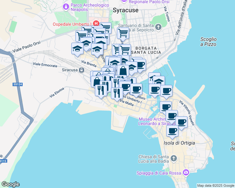 map of restaurants, bars, coffee shops, grocery stores, and more near in Siracusa