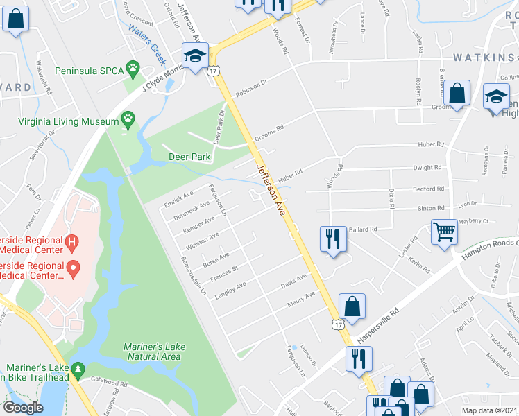 map of restaurants, bars, coffee shops, grocery stores, and more near 11311 Winston Place in Newport News