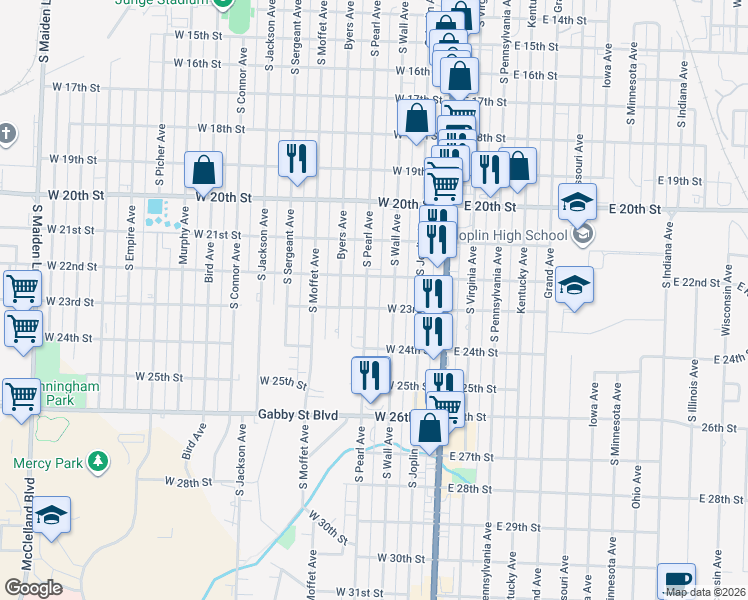 map of restaurants, bars, coffee shops, grocery stores, and more near 2214 South Pearl Avenue in Joplin