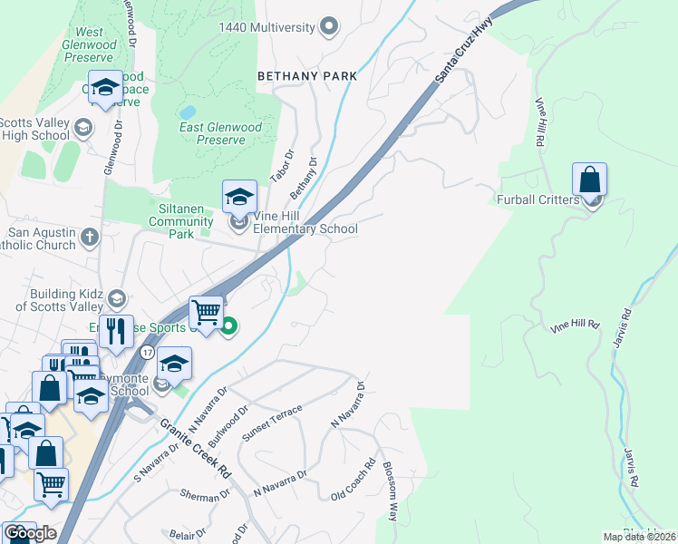 map of restaurants, bars, coffee shops, grocery stores, and more near 105 Shady Oak Way in Scotts Valley