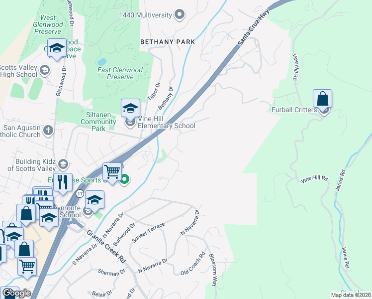 map of restaurants, bars, coffee shops, grocery stores, and more near 105 Shady Oak Way in Scotts Valley