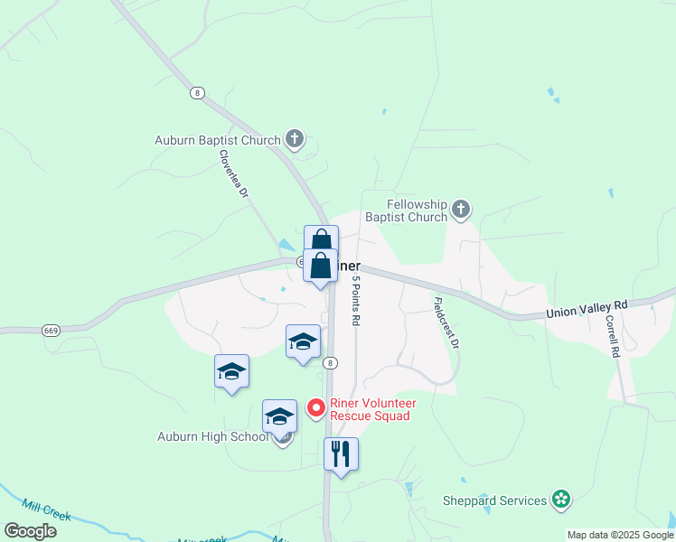 map of restaurants, bars, coffee shops, grocery stores, and more near in Riner